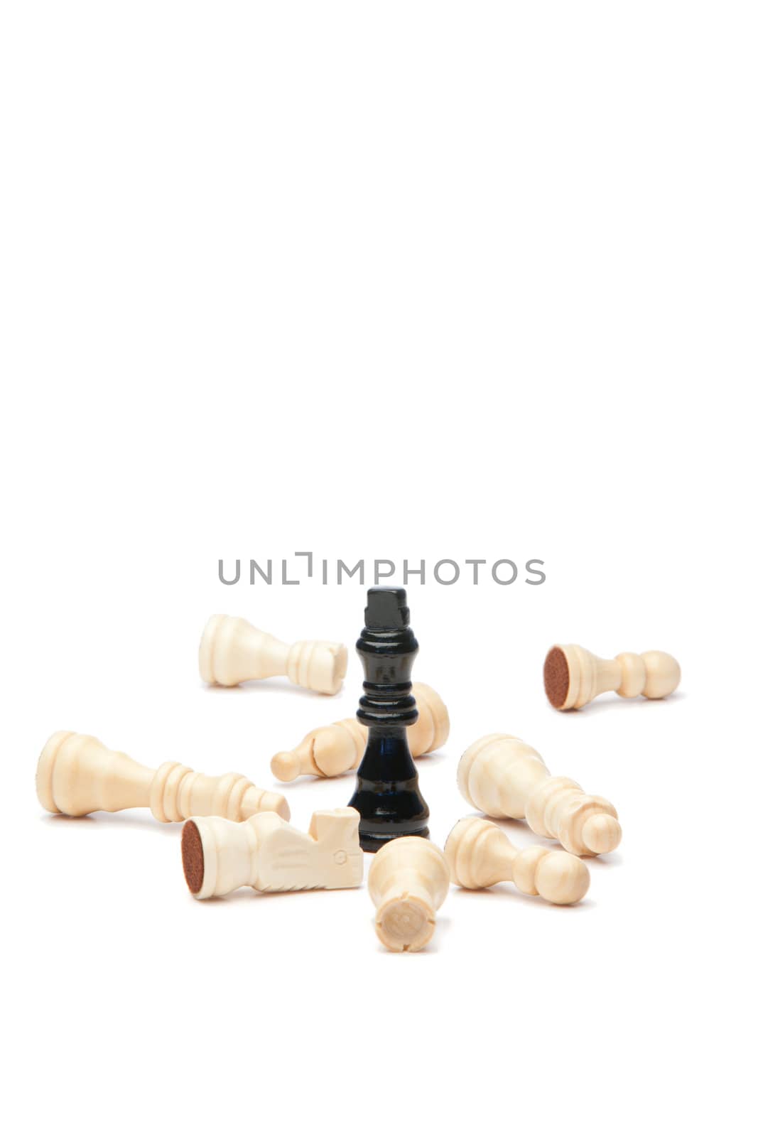 Dark king and white pieces of chess on a white background