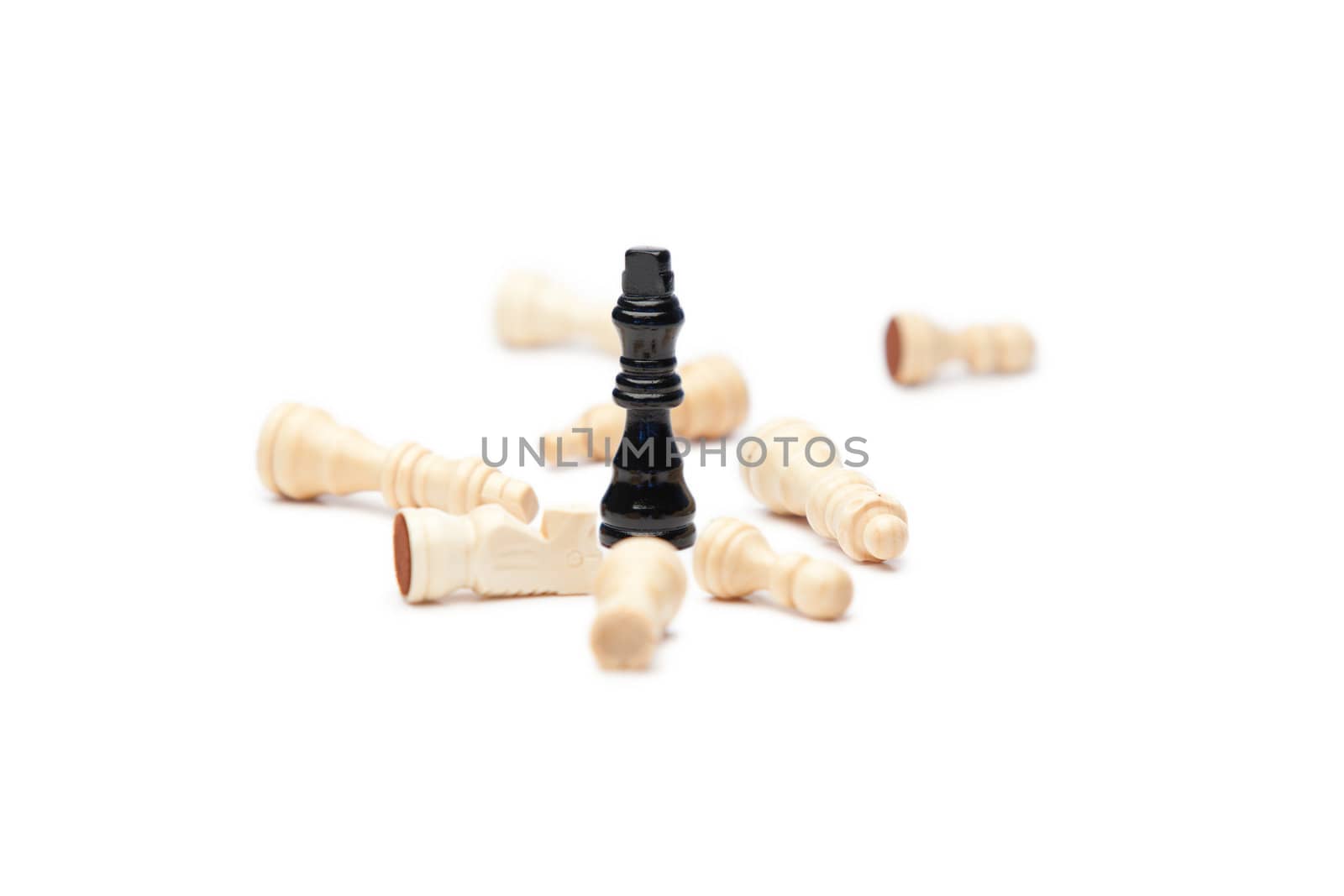 Black king and white pieces of chess on a white background