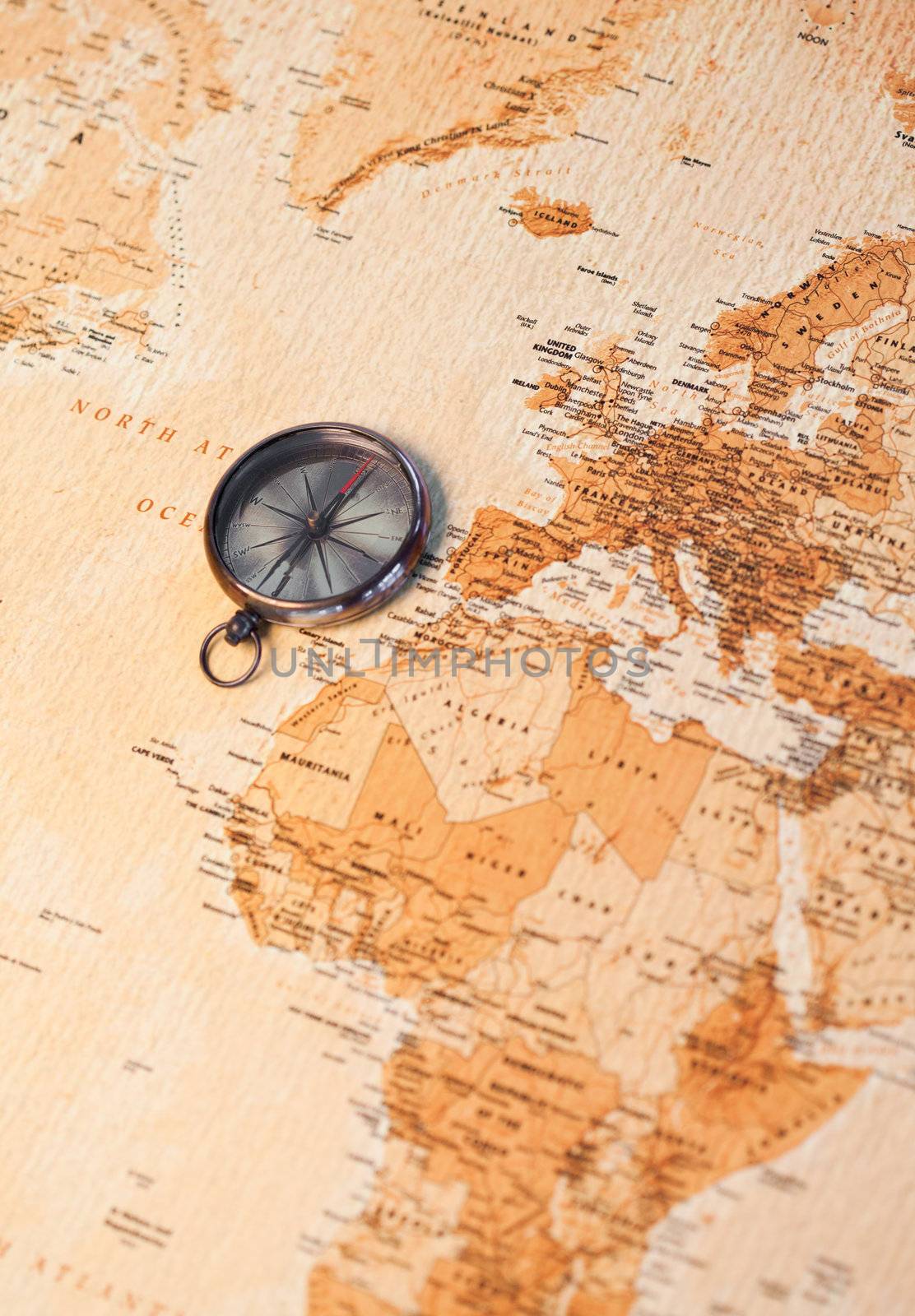 World map with compass showing Africa and Europe
