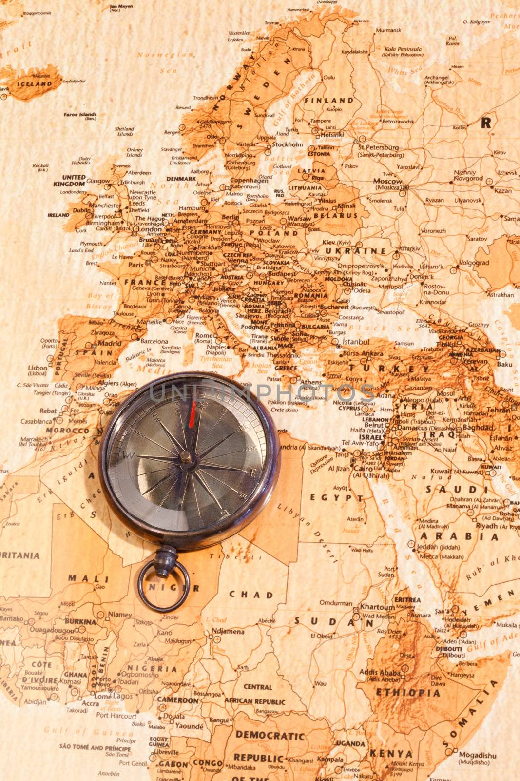World map with compass showing North Africa and Europe