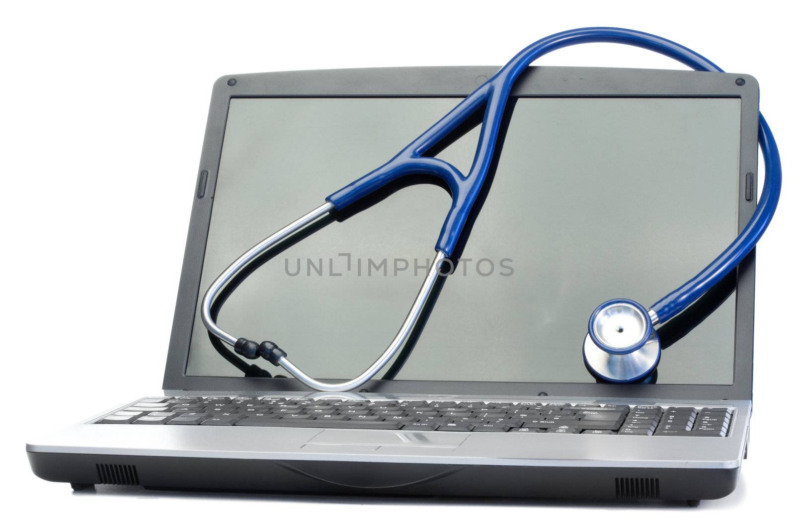 Blue stethoscope and laptop on a white background