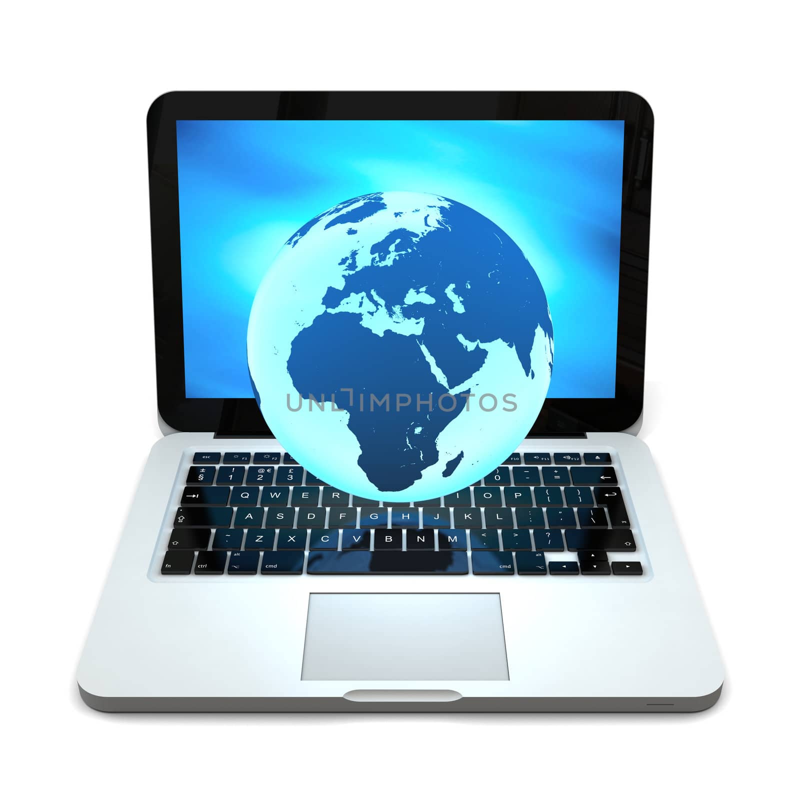 Blue Earth hovering above laptop computer, concept of global network, internet and portability, isolated on white background. Elements of this image furnished by NASA