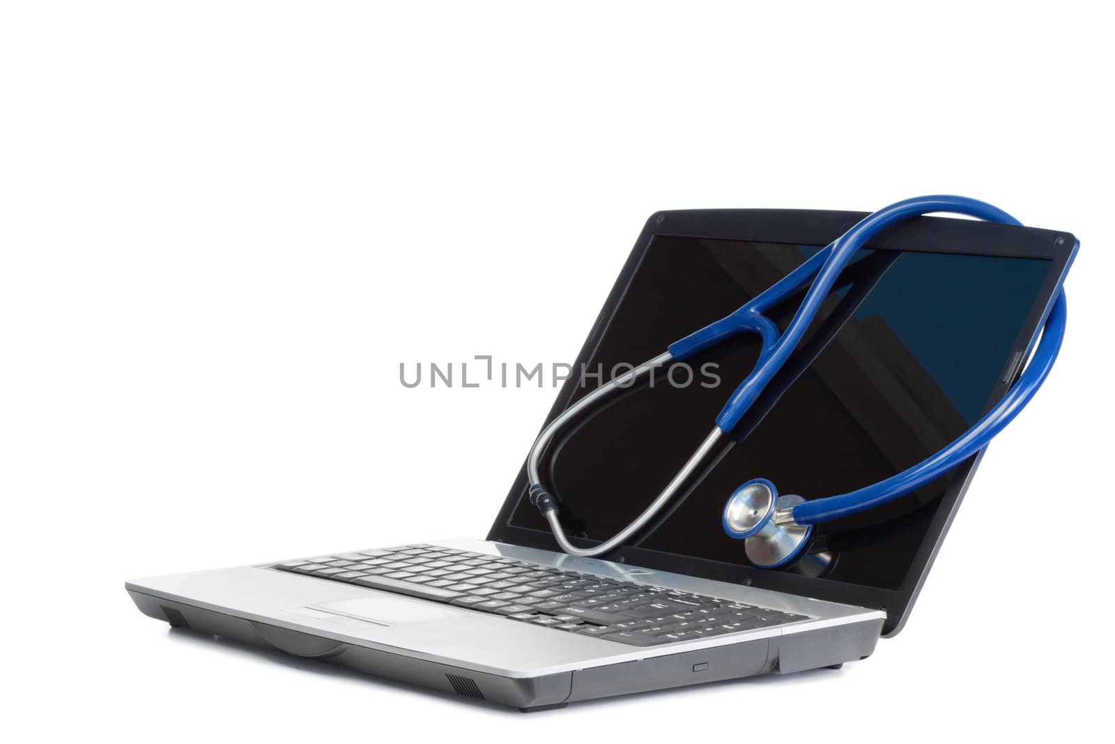 Blue angled stethoscope and laptop on a white background