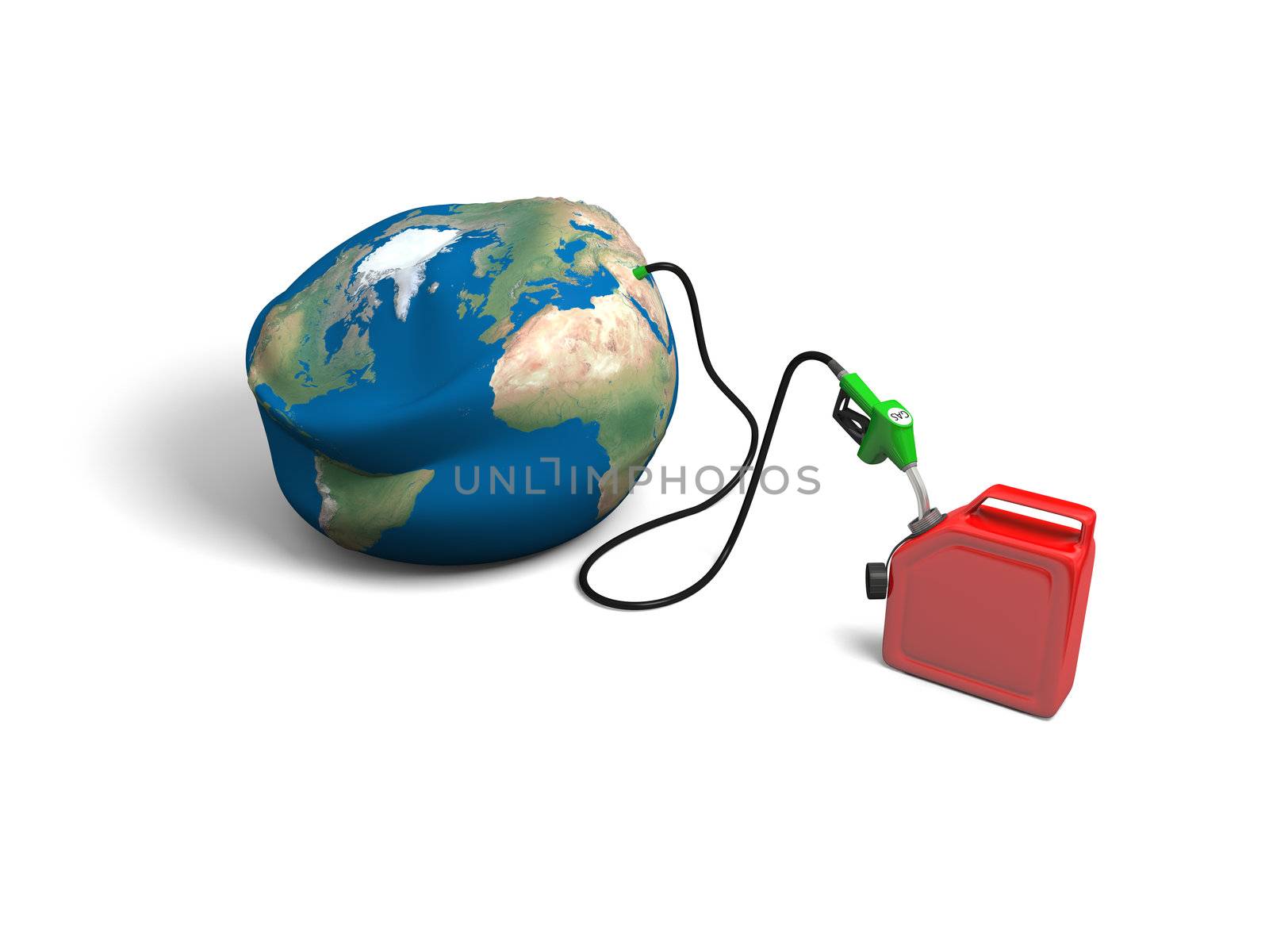 Concept of oil depletion with illustration of oil pump, pumping out oil from deflated Earth into jerry can, isolated on white background. Elements of this image furnished by NASA