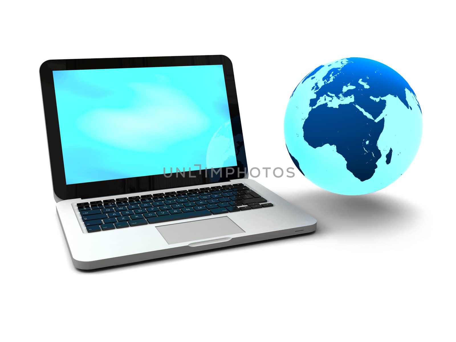 Illustration of blue Earth floating next to laptop computer, concept of world wide web and portability, isolated on white background. Elements of this image furnished by NASA