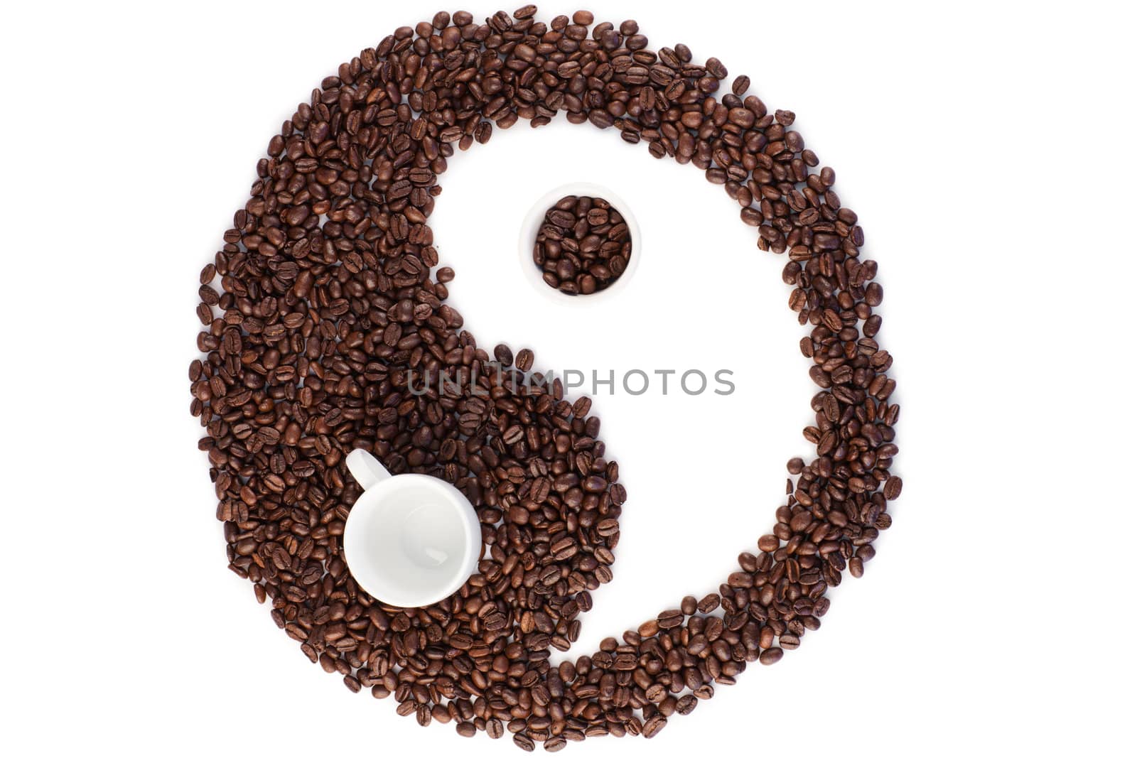 Brown and white symbol made of coffee beans on a white background
