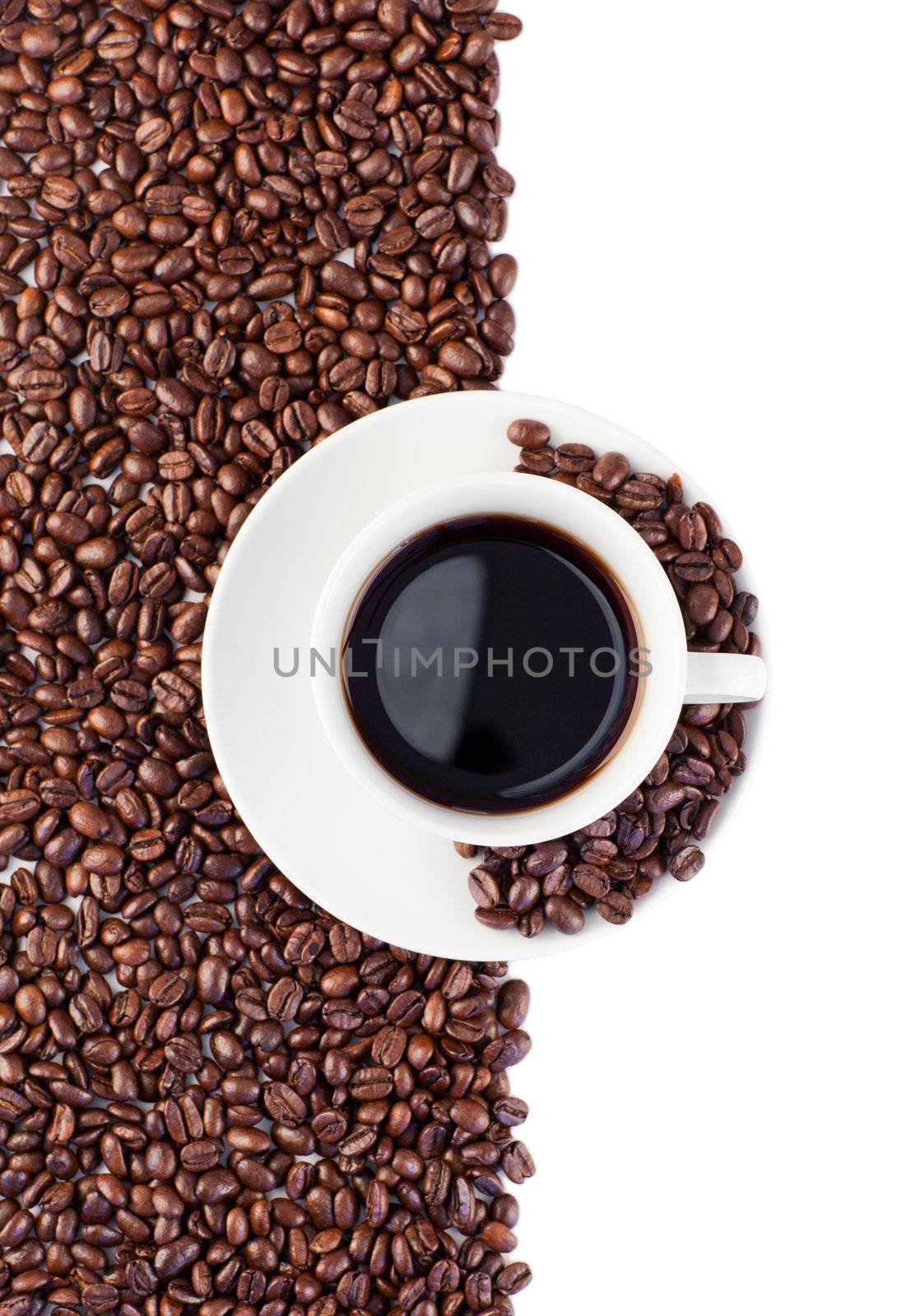 Cup of coffee and beans on white and made of beans background