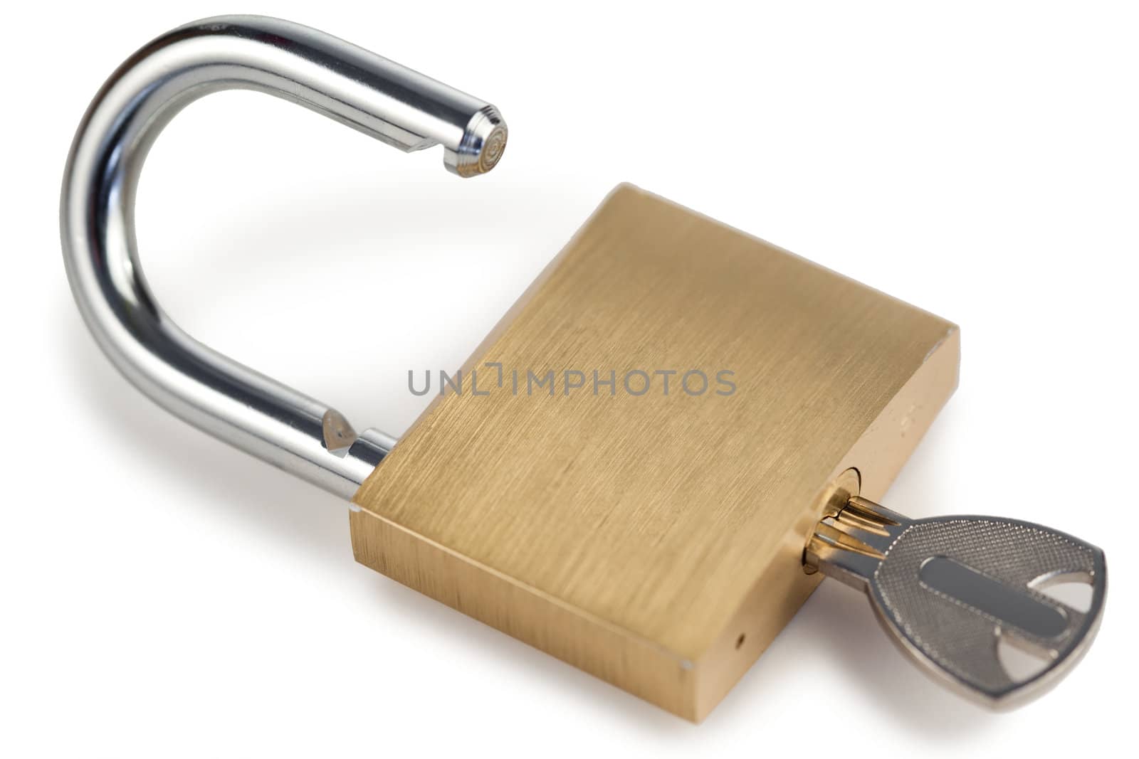 Open golden padlock on a white background
