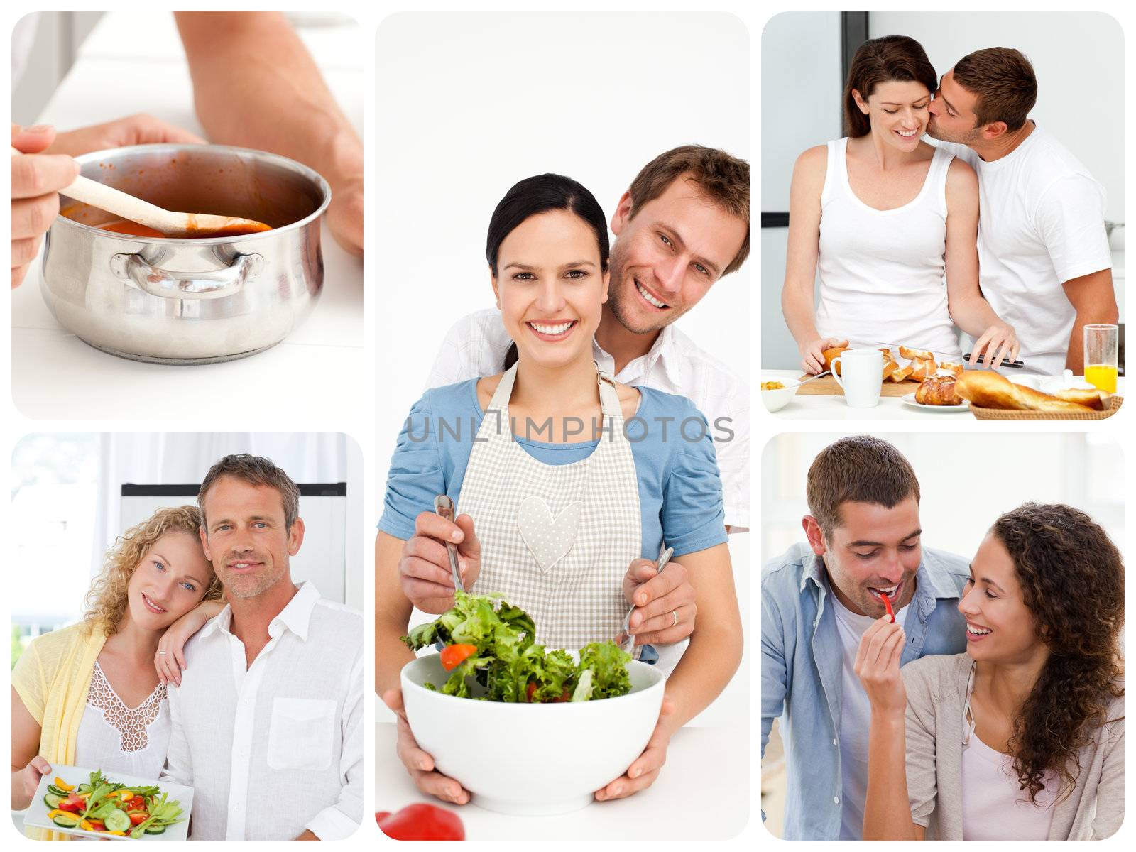 Collage of young couples in the kitchen