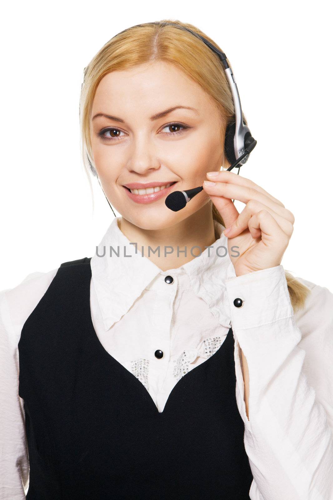 Cheerful professional call center operator, white background