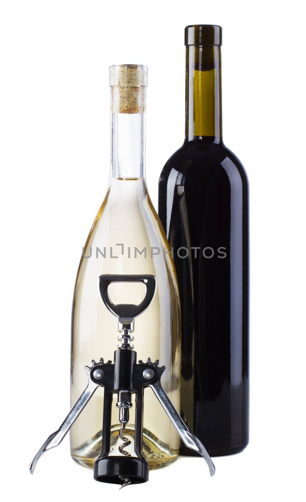 Two bottles of wine - red and white, isolated on white background