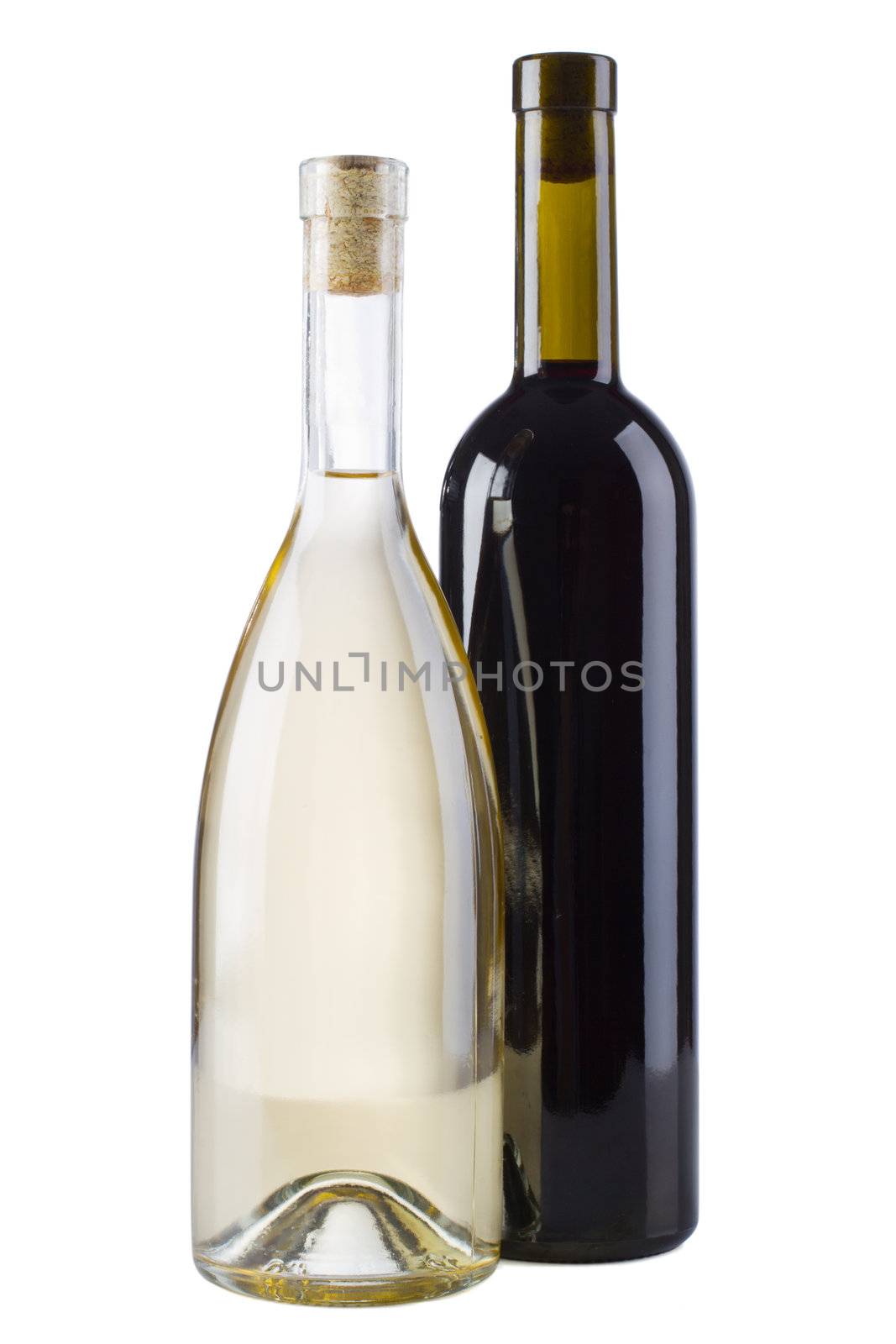 Two bottles of wine - red and white, isolated on white background