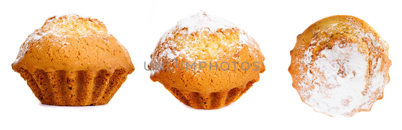 Tasty muffin with sugar powder isolated on white background