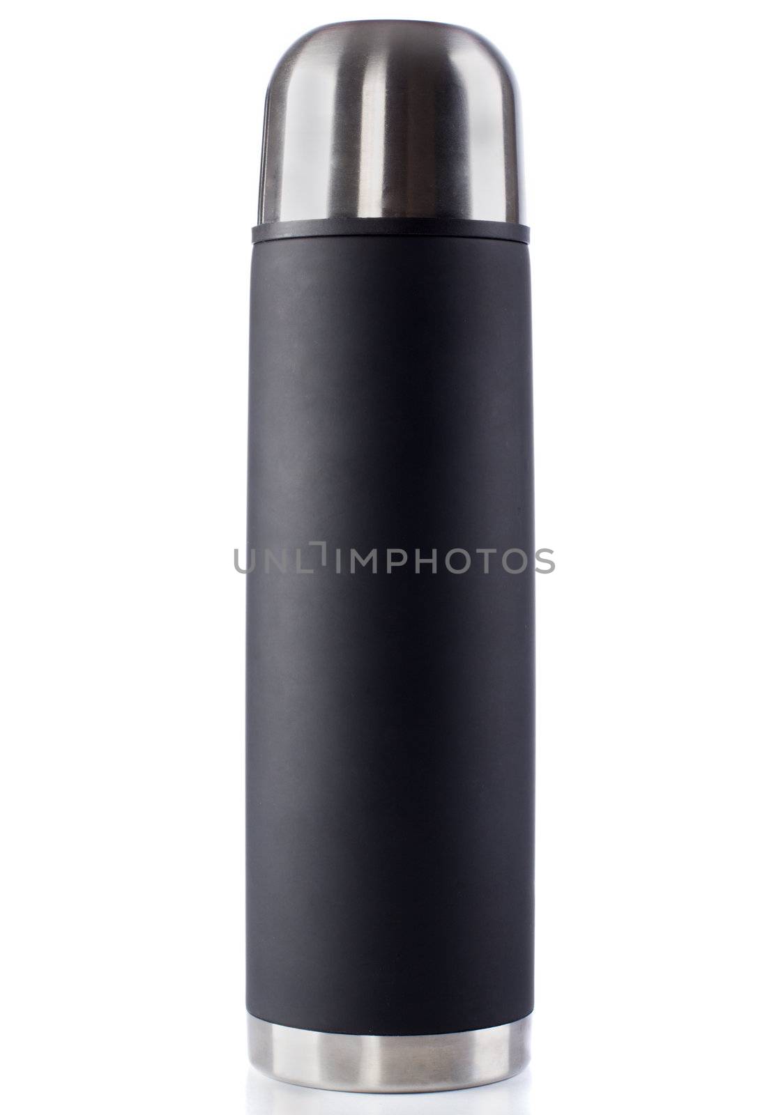 Black thermos with chrome cap. studio isolated