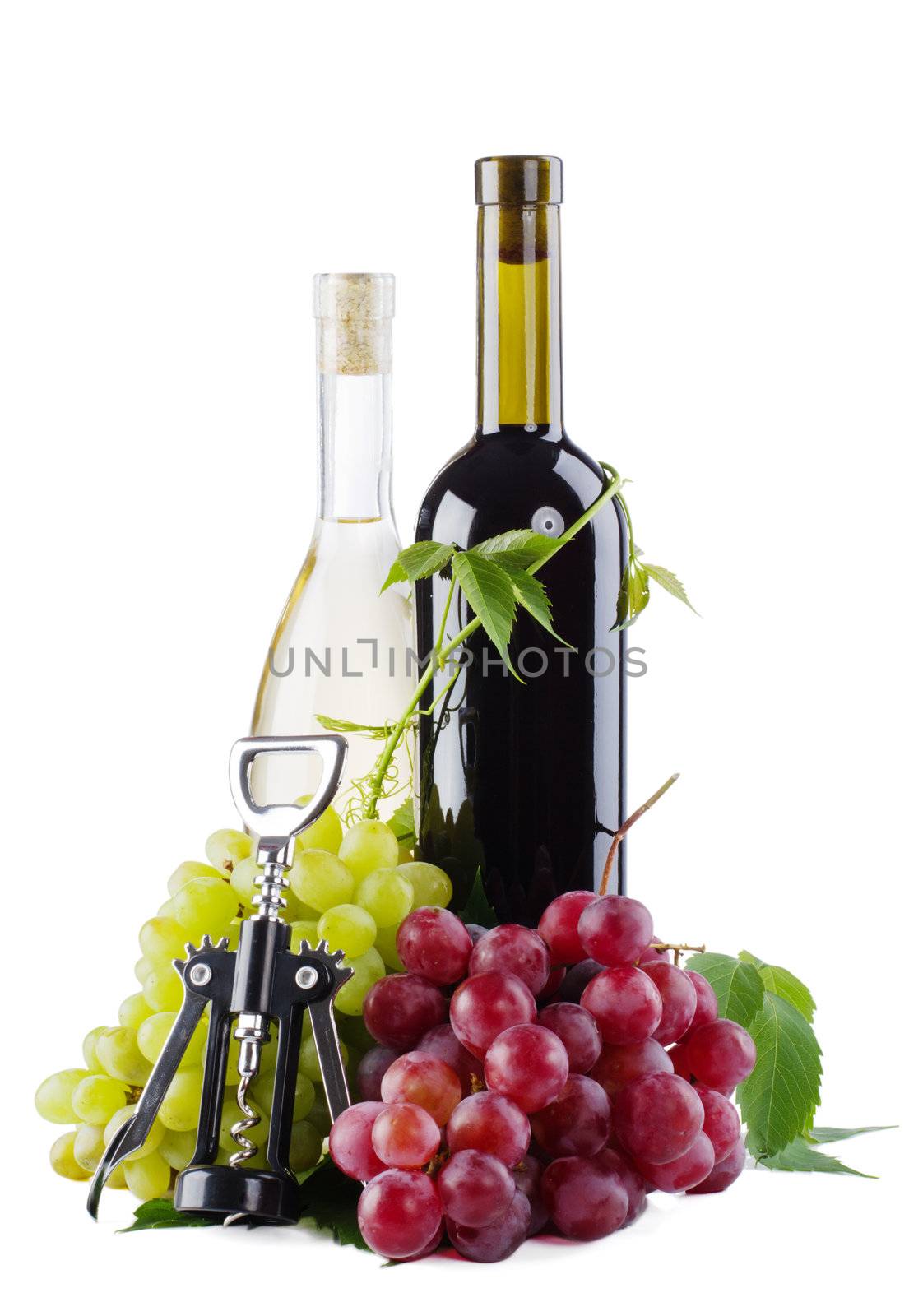 Red and white wine, with bunches of grapes, white background