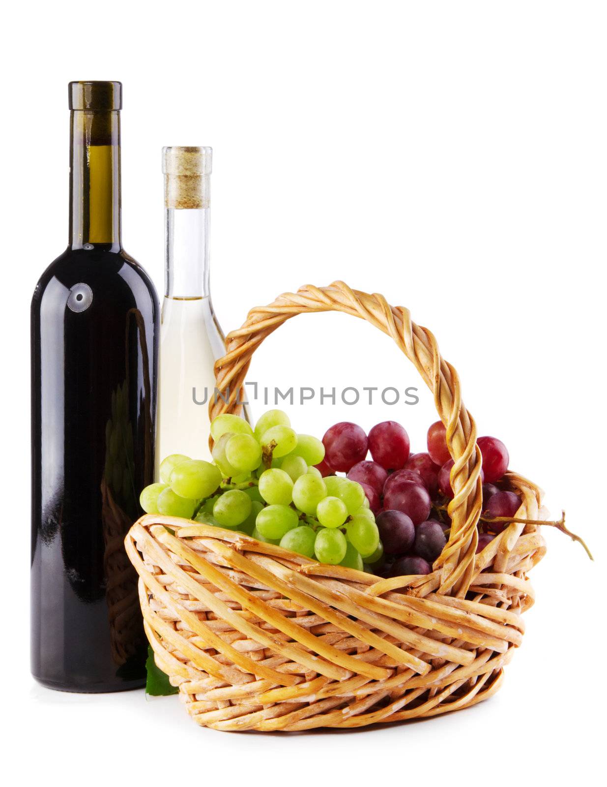 Bottles of red and white wine with grapes, white background