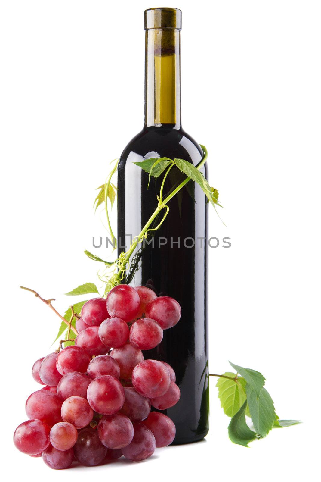 Bottle of red wine with grapes, white background