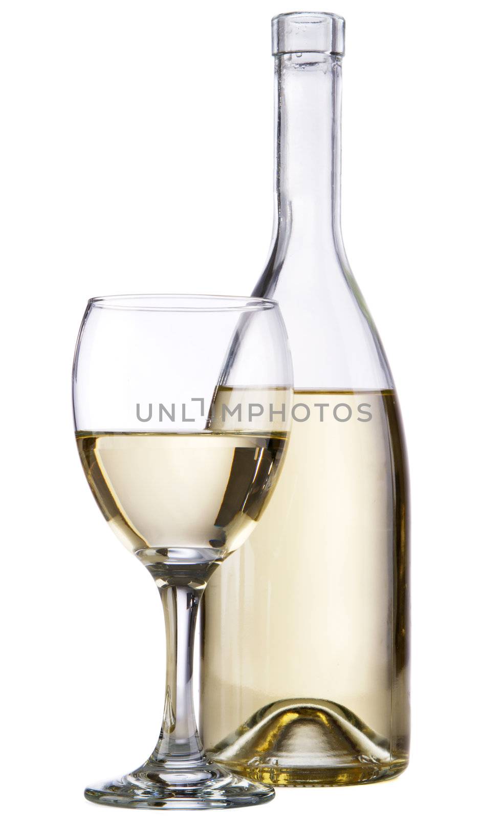 White wine bottle with a wineglass, isolated on white background