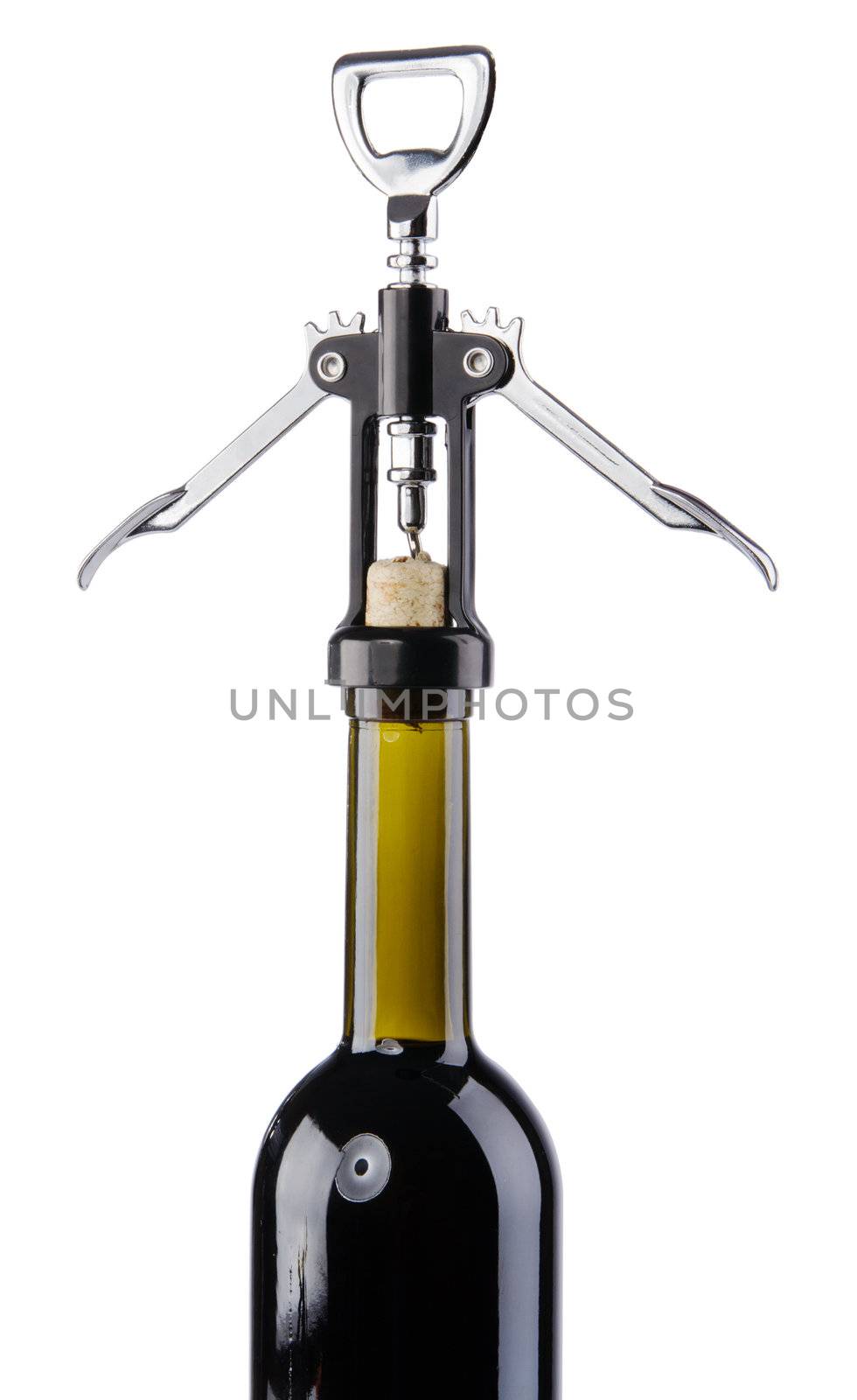 Bottle of wine with a corkscrew, isolated on white background