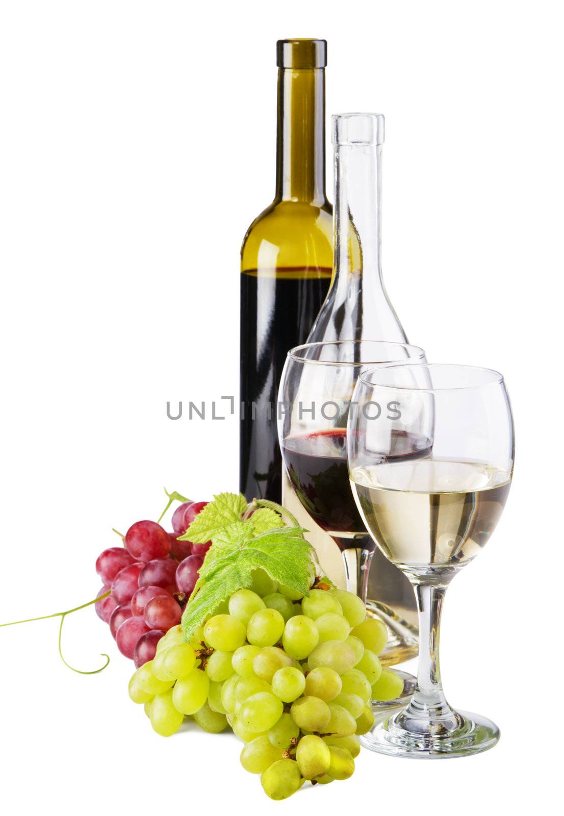 Red and white wine, with bunches of grapes, white background