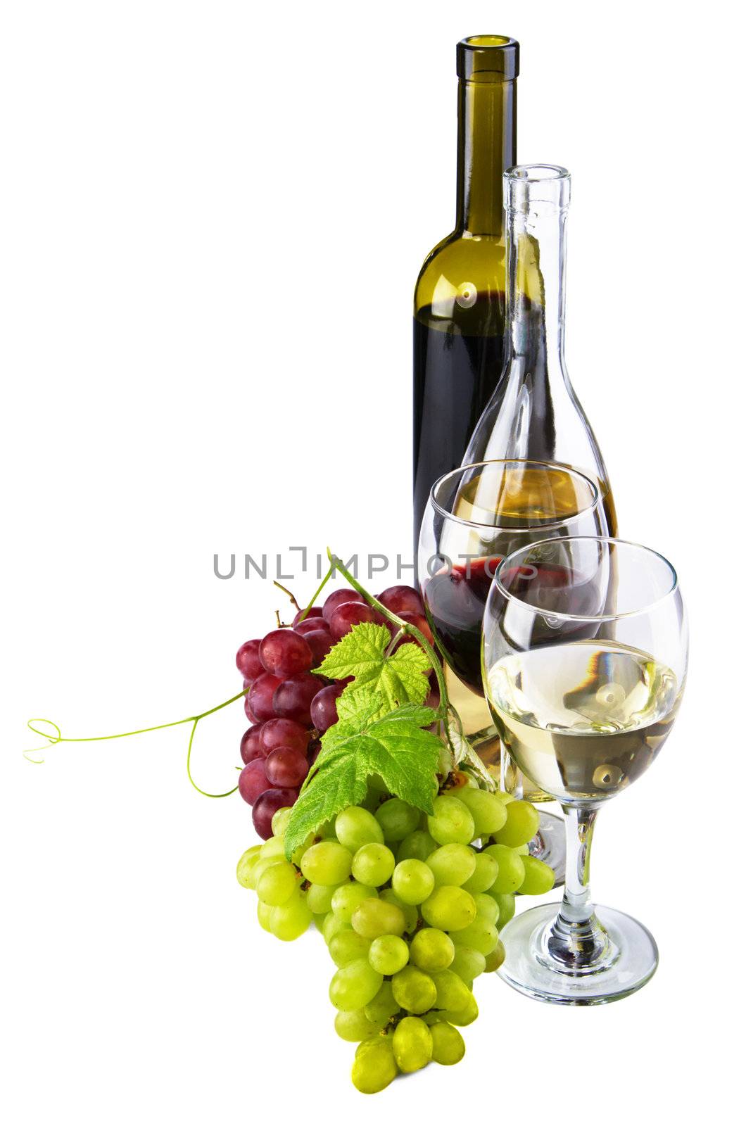 Red and white wine, with bunches of grapes, white background