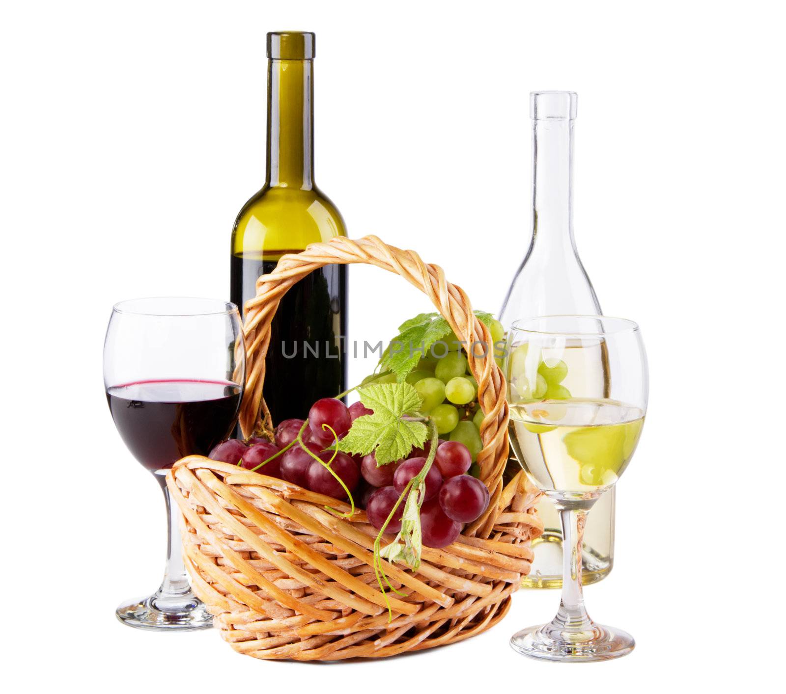 Bottles of red and white wine with grapes, white background