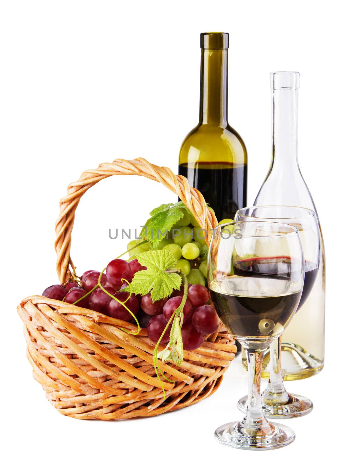 Bottles of red and white wine with grapes, white background