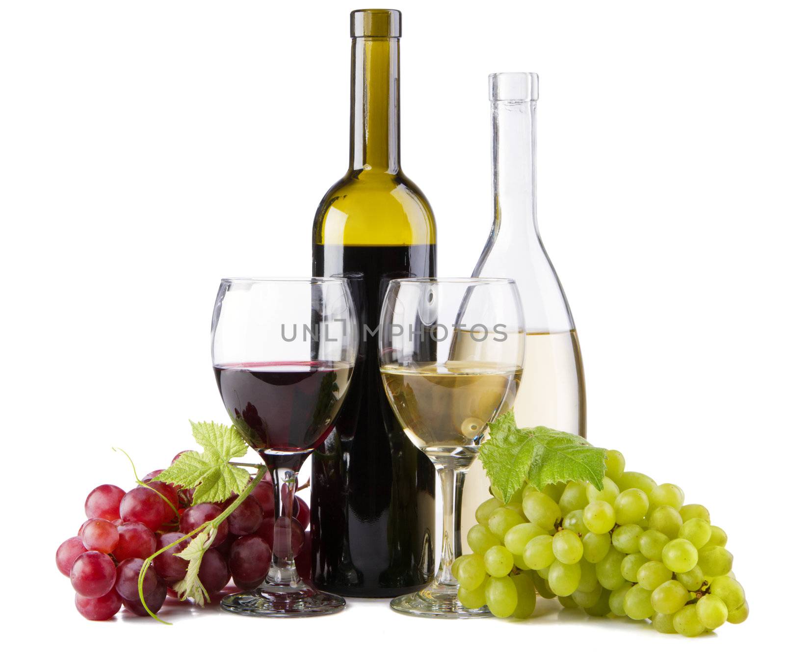 Red and white wine, with bunches of grapes, white background