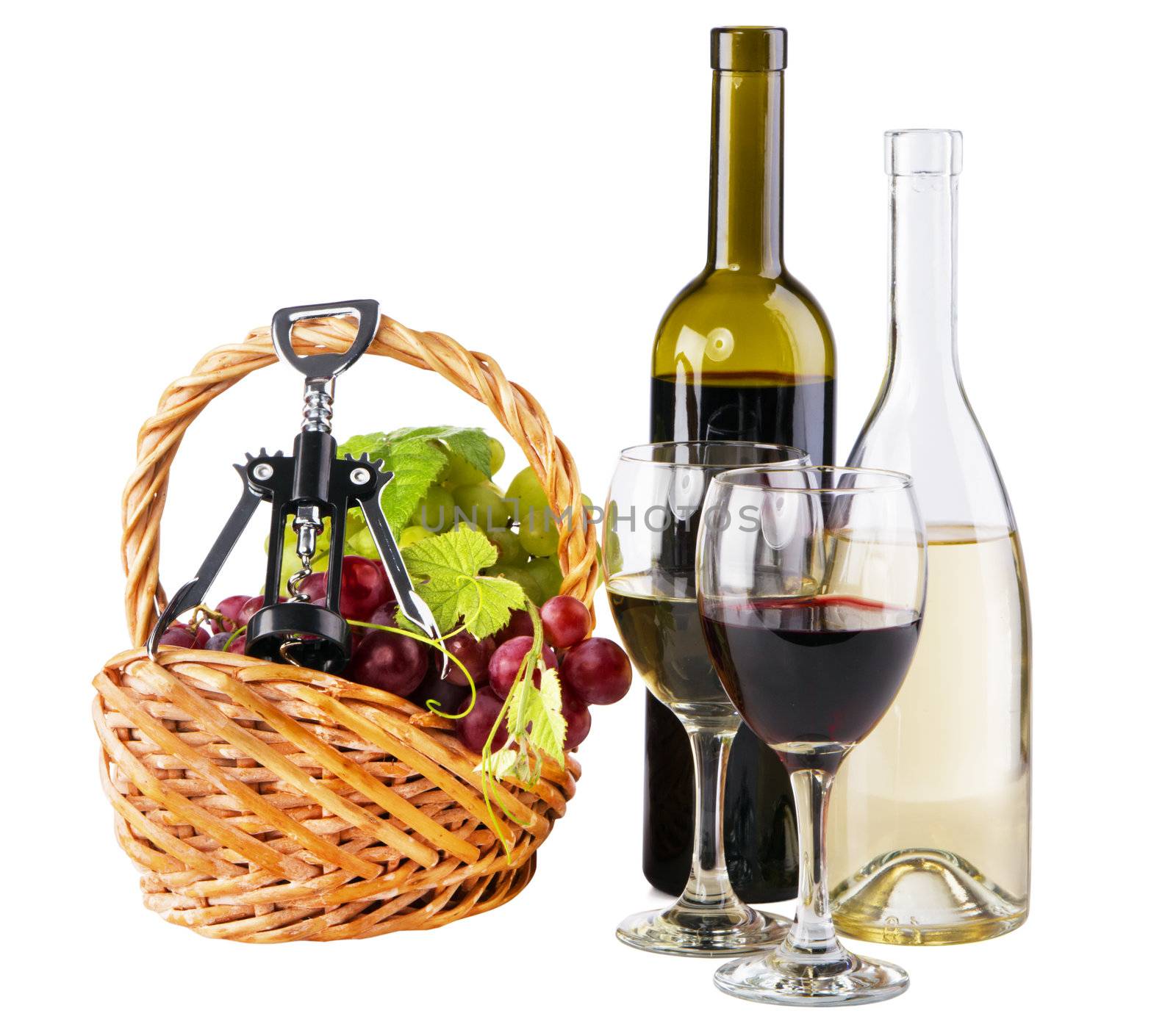 Bottles of red and white wine with grapes, white background