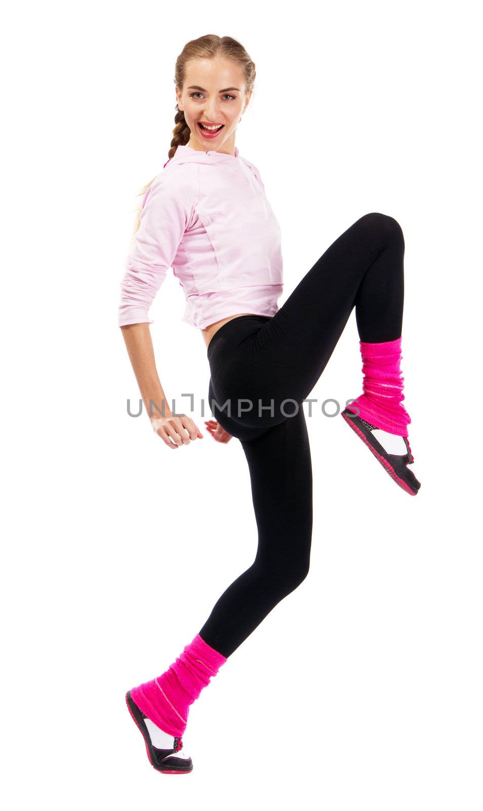 Pretrty lady in sports outfit, white background