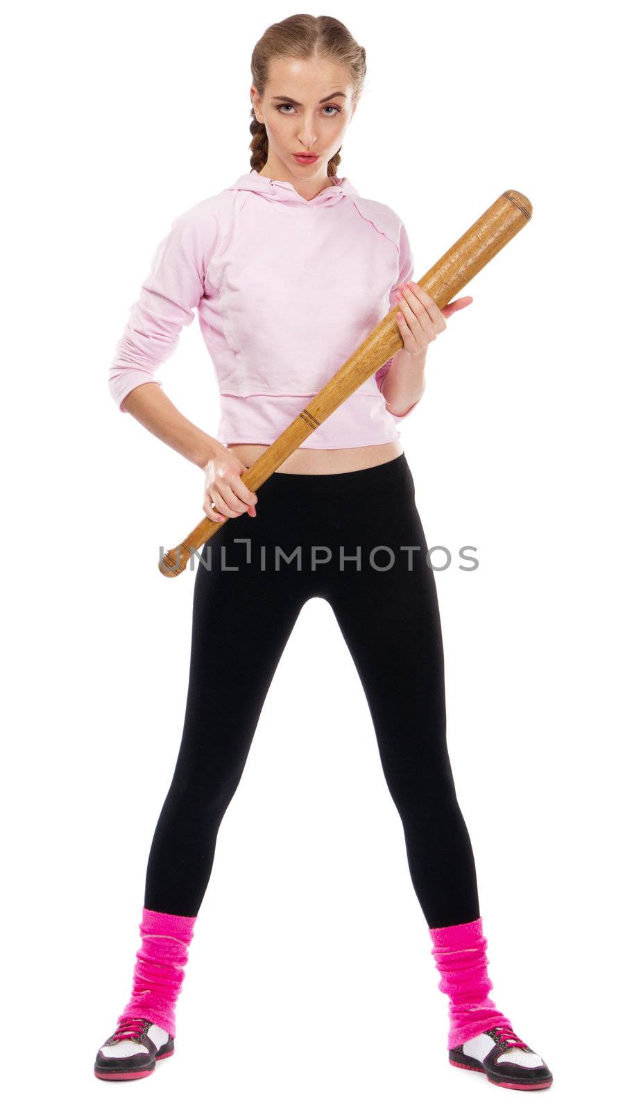 Pretty lady with a baseball bat, isolated on white background