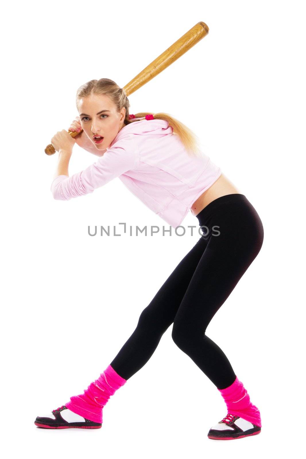 Pretty lady with a baseball bat, isolated on white background