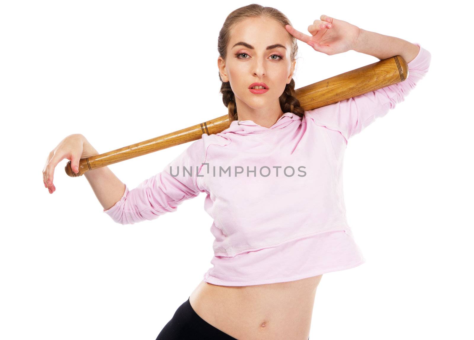 Pretty lady with a baseball bat, isolated on white background