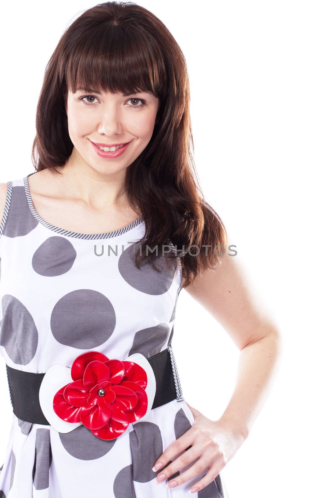 Playful cute woman in stylish dress, white background