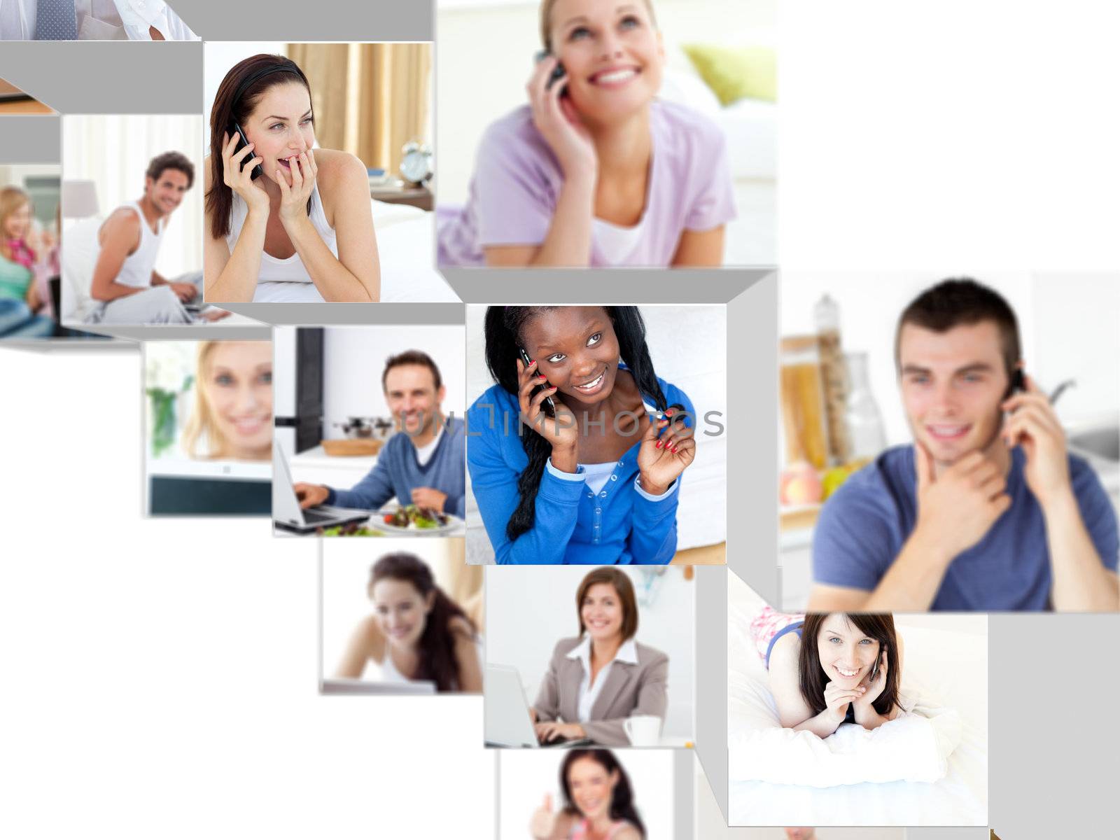 Montage of people having a phone conversation at home and at the office