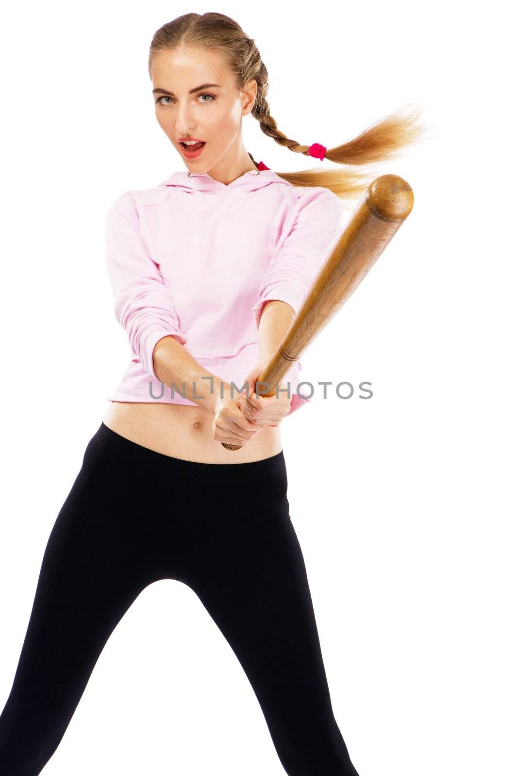 Pretty lady with a baseball bat, isolated on white background