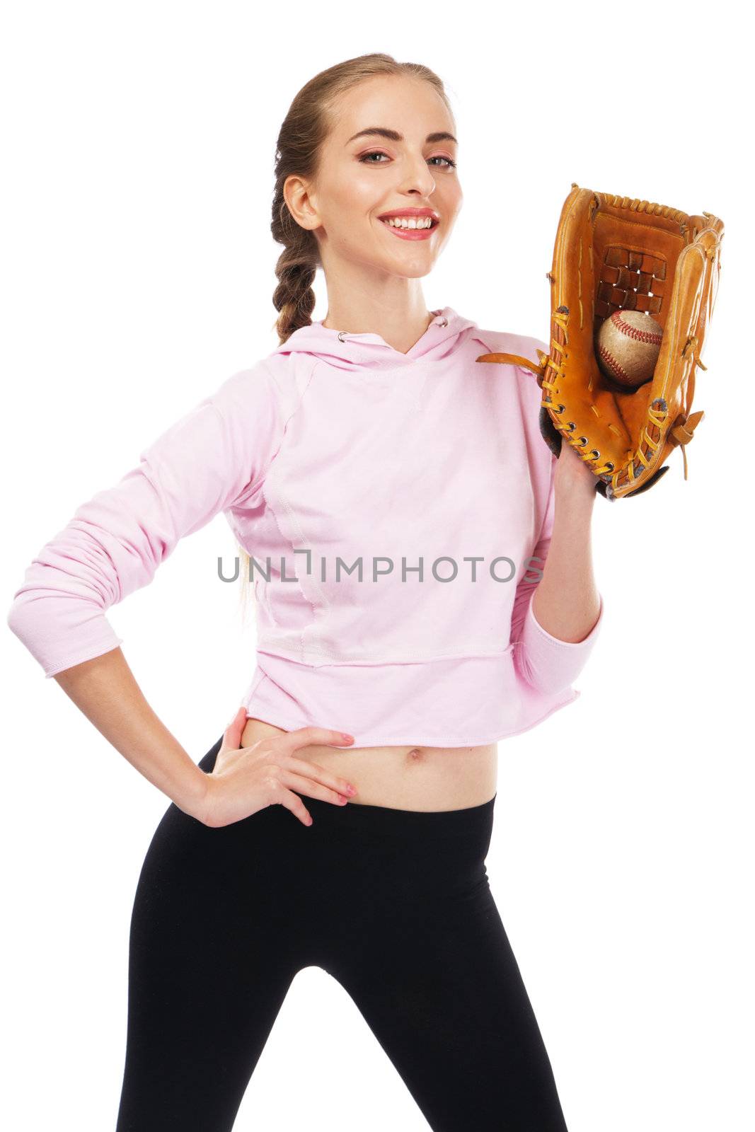 Beautiful woman with baseball equipment, isolated on white background