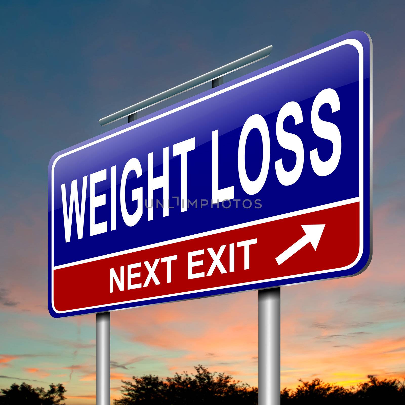 Illustration depicting a roadsign with a weight loss concept. Sunset sky background.