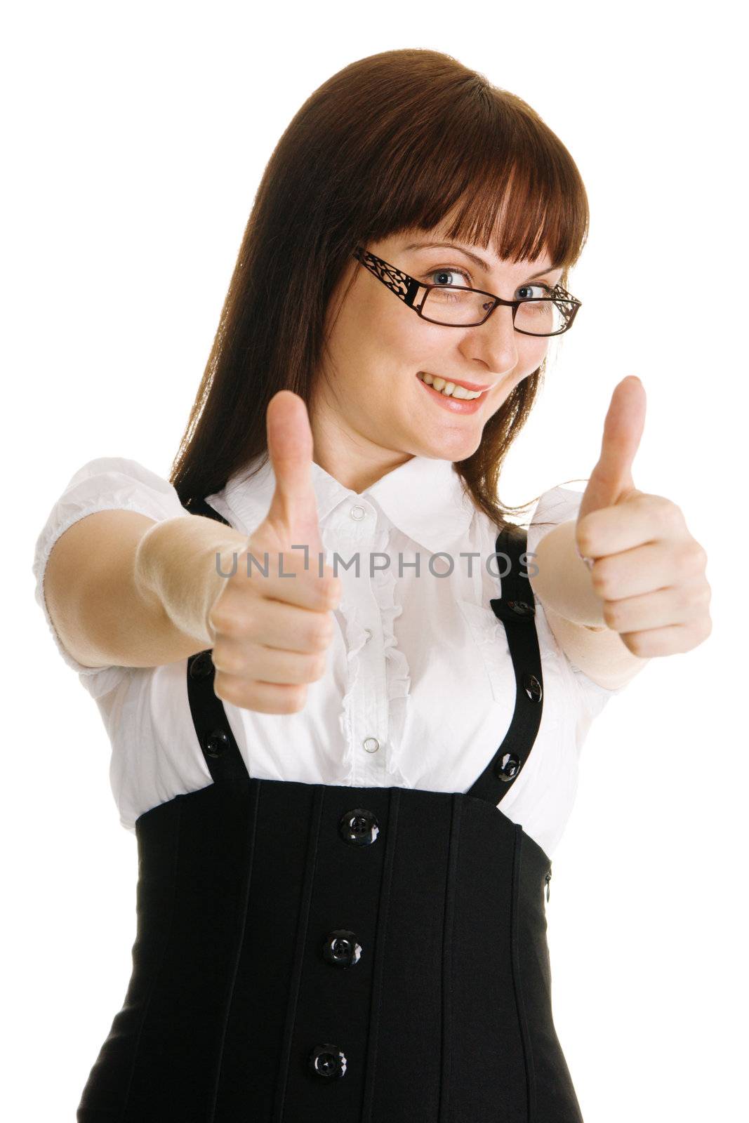 Young businesswoman showing 'thumbs up' sign