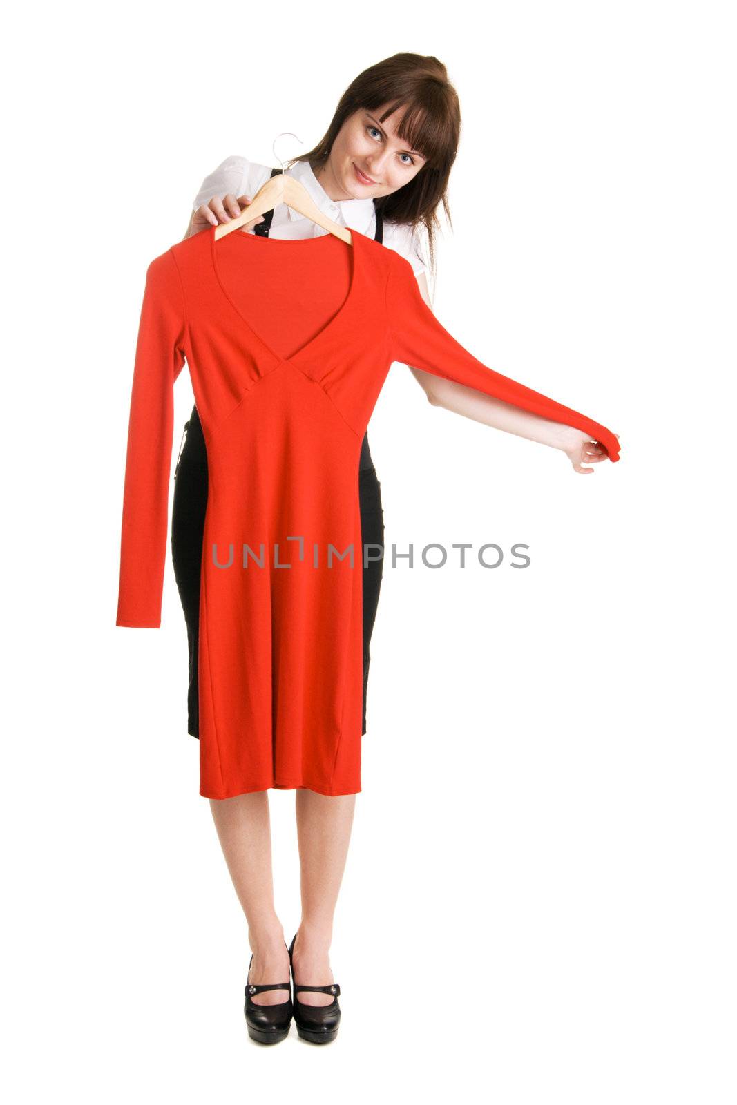 Beautiful lady trying on a red dress by Gdolgikh