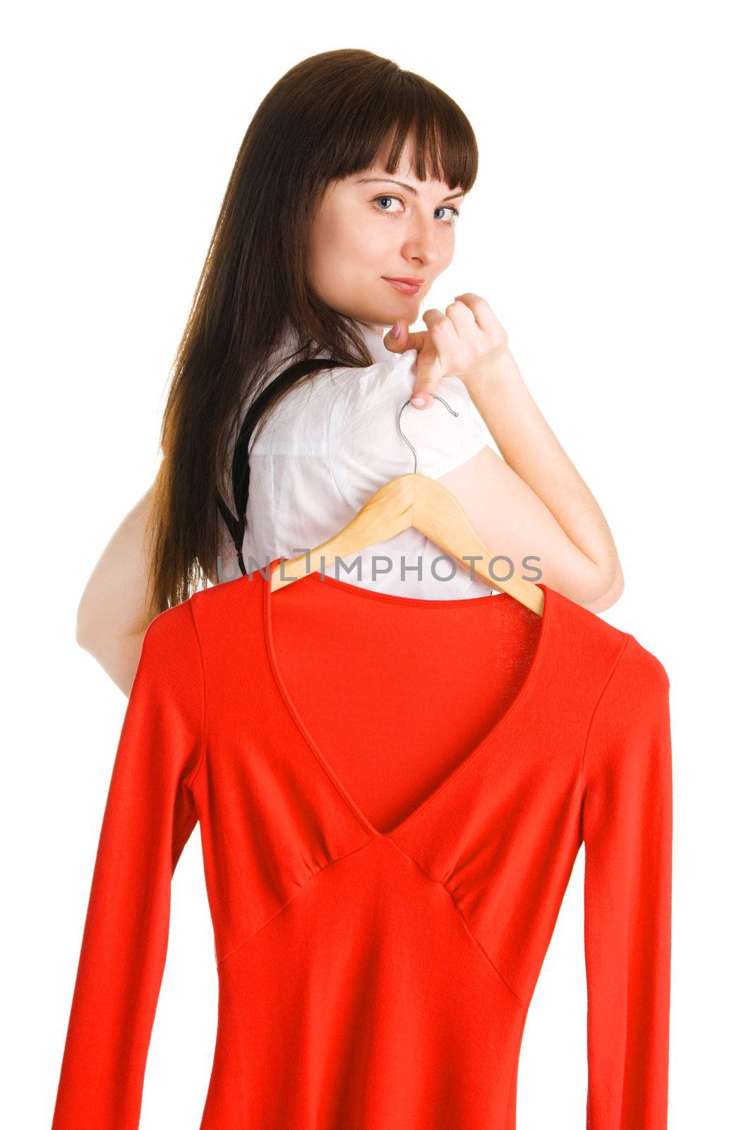 Beautiful lady trying on a red dress