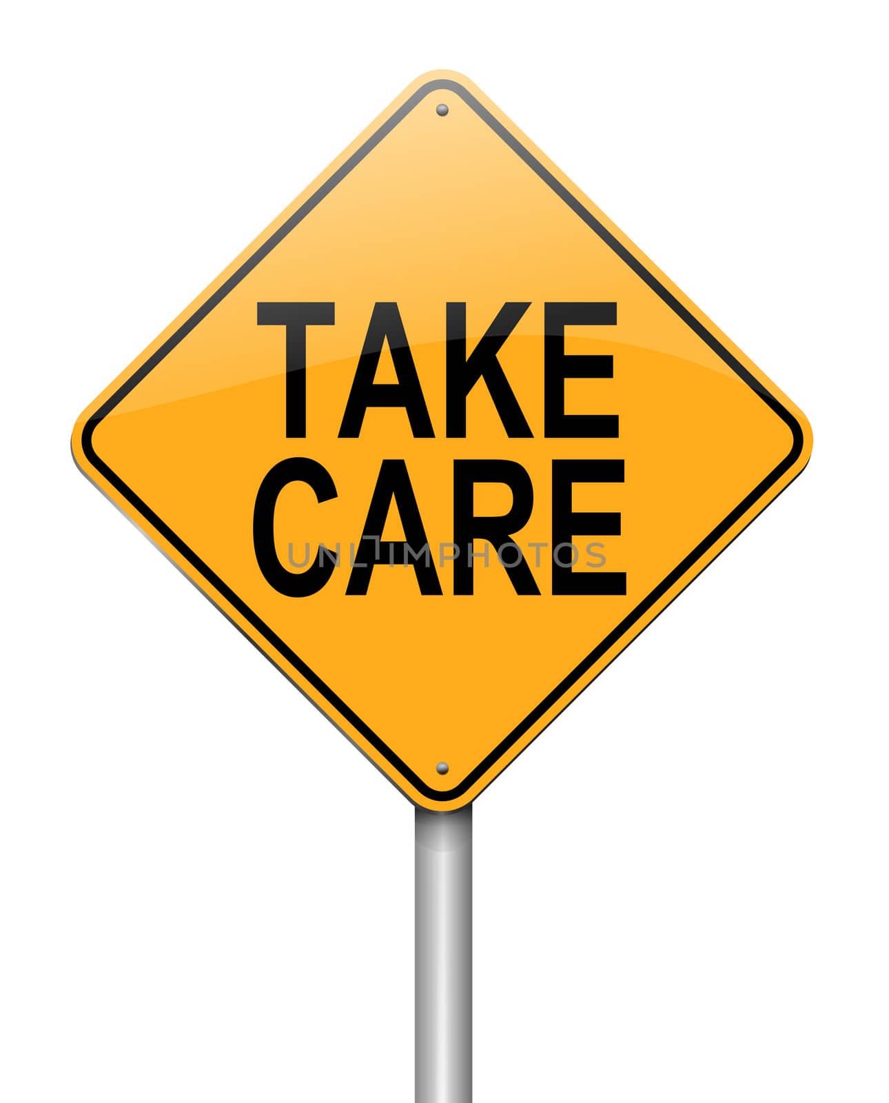 Illustration depicting a roadsign with a take care concept. White background.