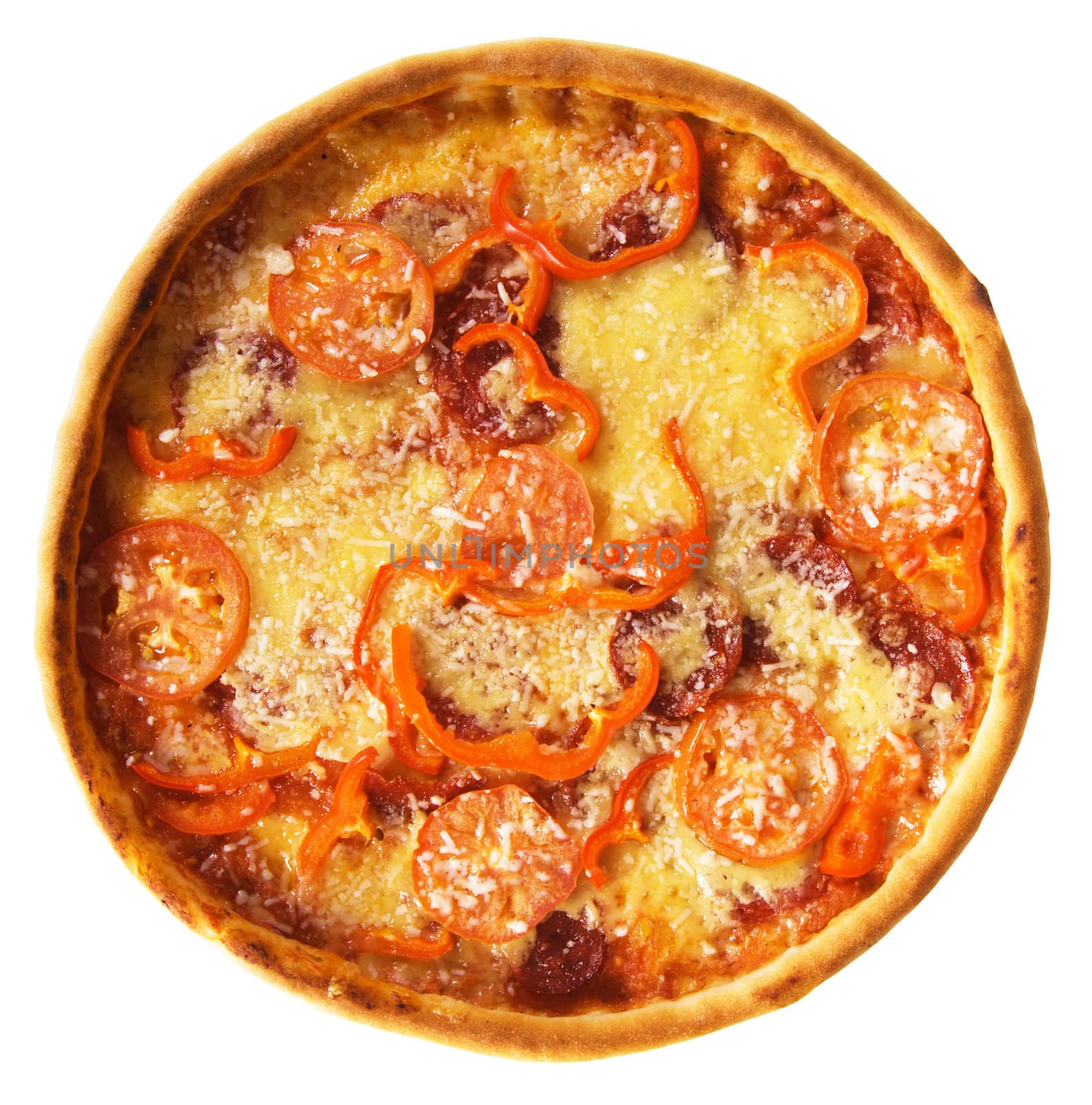 Whole pizza with tomatoes, salami and paprika, isolated on white