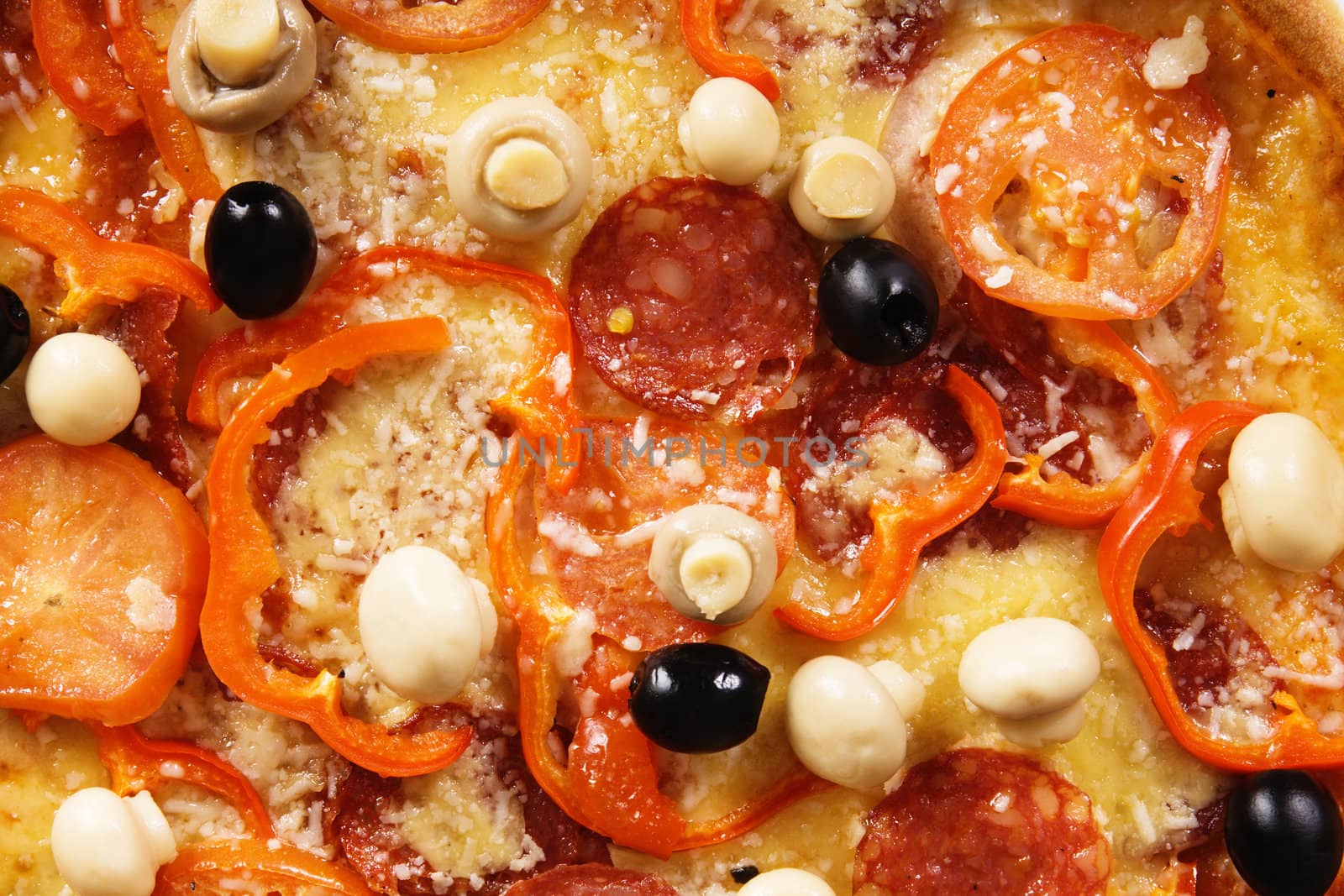 Pizza with paprika, olives and champignons by Gdolgikh