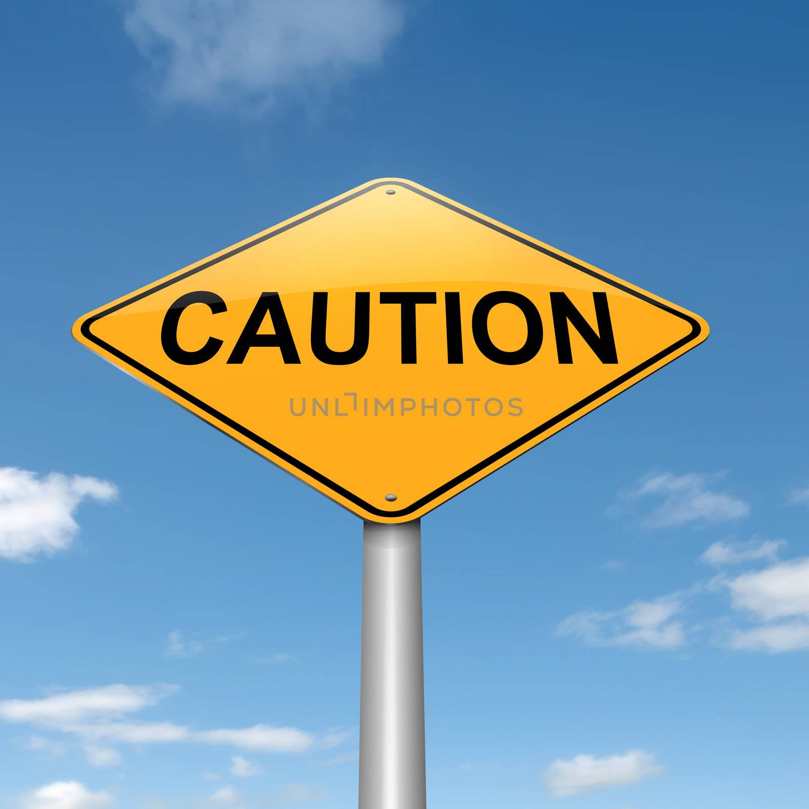 Illustration depicting a roadsign with a caution concept. Sky background.