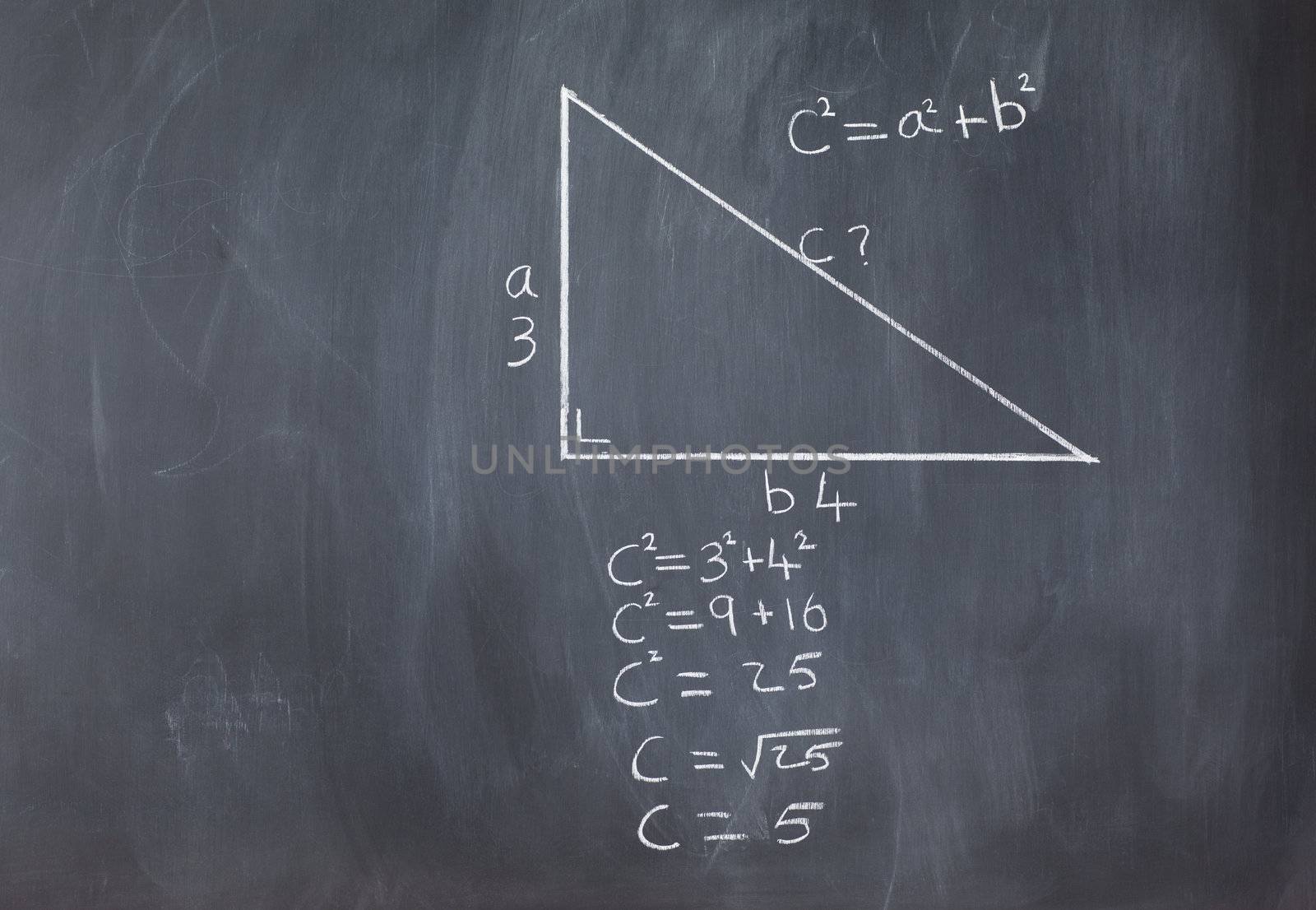 Right triangle with pythagorean formula and calculations on a blackboard
