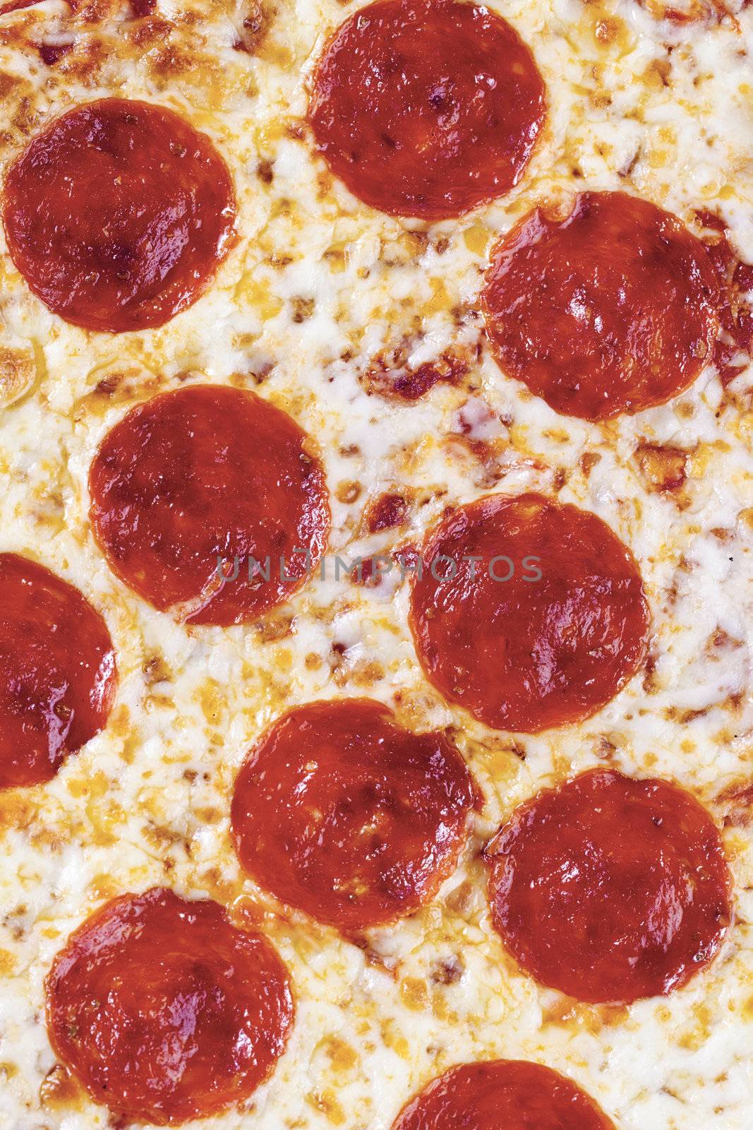Extreme close-up of Italian Pepperoni pizza 