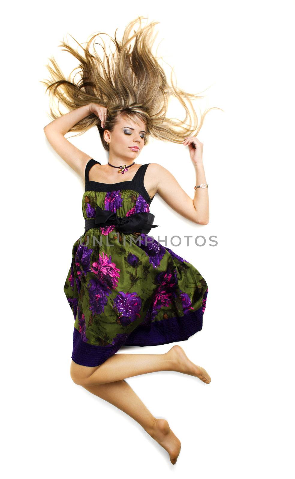 Young beautiful woman with gorgeous hair, white background