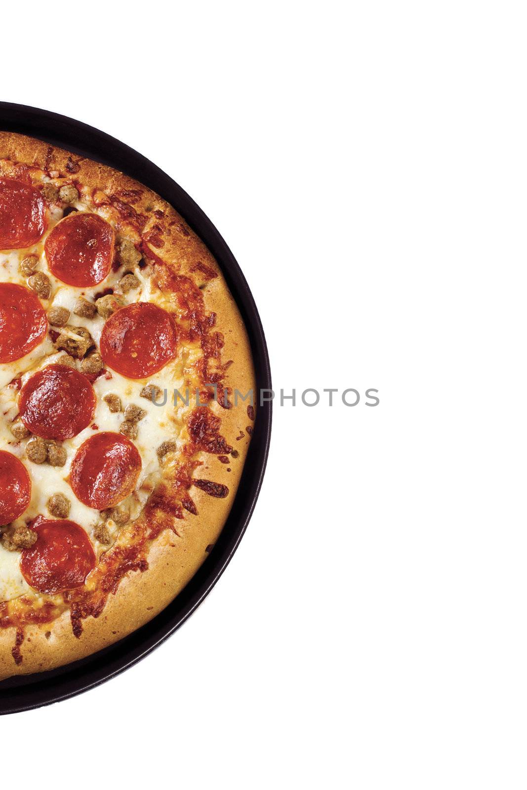 Cropped shot of a delicious pepperoni pizza isolated against white background.
