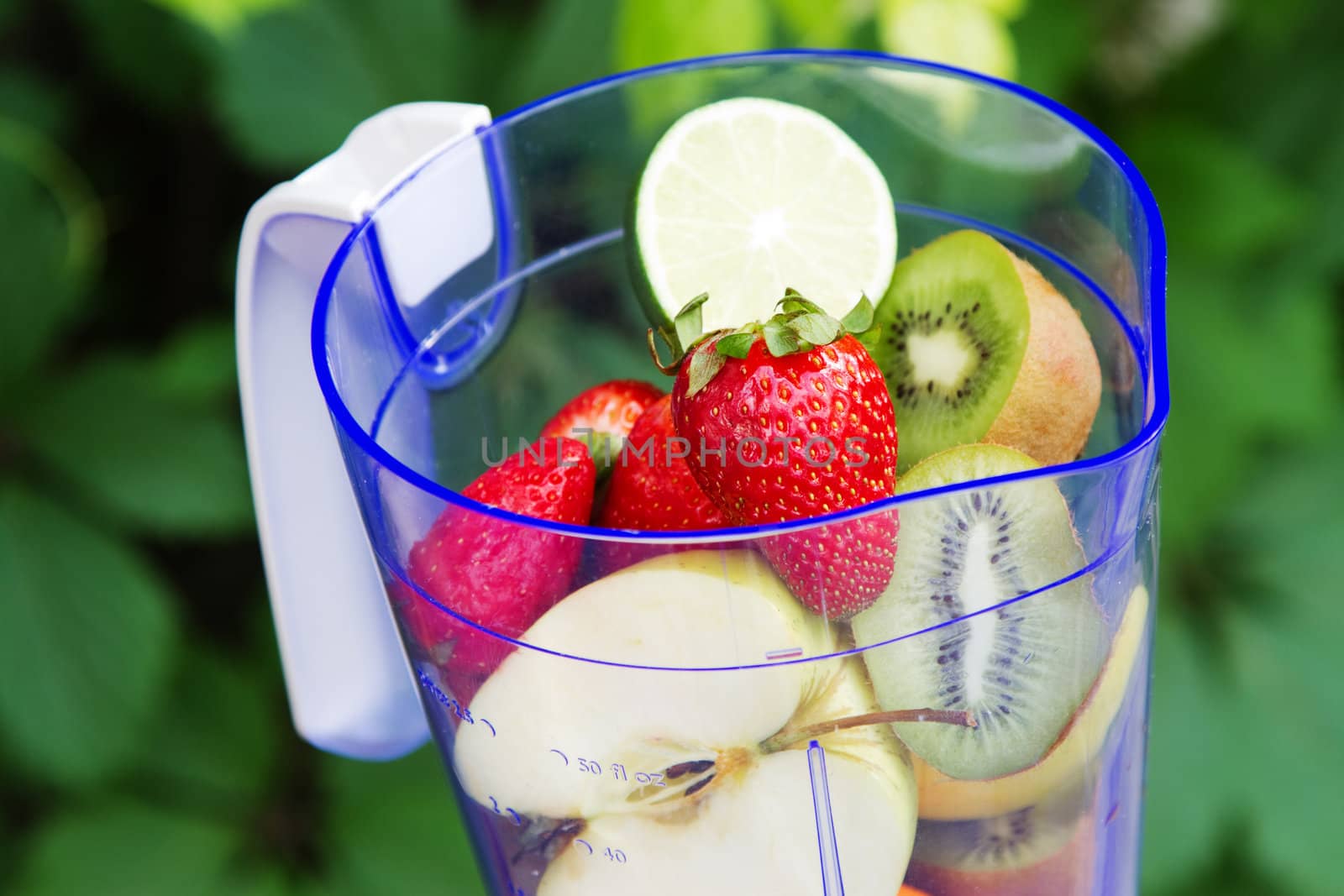 Electric blender with fruits in it, green leaves background